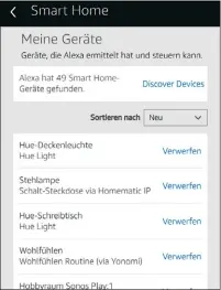  ??  ?? Die App Amazon Alexa zeigt alle Geräte und Szenen an, die sich per Sprache steuern lassen.