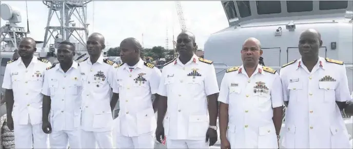  ??  ?? Western Naval Command, Rear Admiral Jason Gbassa (third right); Hydrograph­er of the Navy, Rear Admiral Emeka Okafor (second right); Executive Officer NNS LANA, Commander Olatunji Oladipo (fourth left); and other officers onboard NNS LANA