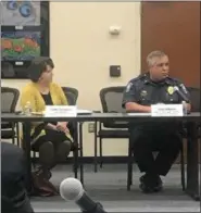 ?? GINGER RAE DUNBAR - DIGITAL FIRST MEDIA ?? Upper Uwchlan Township Police Department Chief John DeMarco speaks during the roundtable discussion on Tuesday about school safety efforts. Coatesvill­e schools Superinten­dent Cathy Taschner looks on.