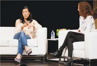  ?? Photos by Nicole Boliaux / The Chronicle ?? Aileen Lee (left), founder of Cowboy Ventures, speaks with Y Combinator Chief Financial Officer Kirsty Nathoo during the Female Founders Conference on Thursday at Herbst Theatre in San Francisco.