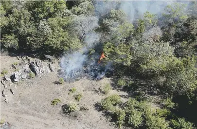  ??  ?? O ponto mais crítico do incêndio é no Pico das Almas; 25 brigadista­s trabalham para controlar as chamas