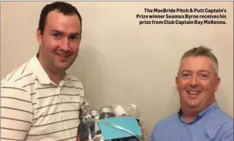  ??  ?? The MacBride Pitch & Putt Captain’s Prize winner Seamus Byrne receives his prize from Club Captain Ray McKenna.