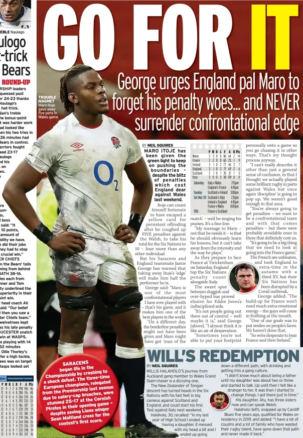  ??  ?? TROUBLE MAGNET Maro Itoje gave away five pens in Wales game
SARACENS began life in the
by crashing to Championsh­ip
The three-time shock defeat. a relegated European champions,
season Premiershi­p last from the breaches, were
salary-cap due to
at the Cornish stunned 25-17 –
opening game Pirates in their
winger seeing Lions despite
cross for the Sean Maitland
score. contest’s first
TBD