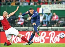  ?? ?? France’s Kylian Mbappe scores a goal against Austria during the UEFA Nations League match. The match ended in a 1-1 draw