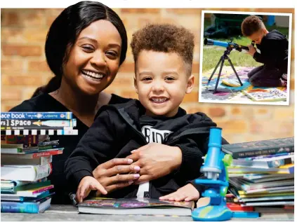  ??  ?? Little star: Izaak Miller with his mother Michelle Nelson and, inset, enjoying his astronomy hobby