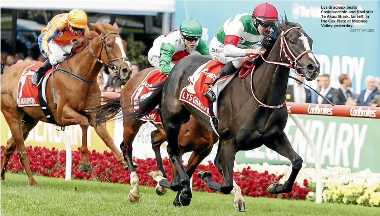  ?? GETTY IMAGES ?? Lys Gracieux beats Castelvecc­hio and Kiwi star Te Akau Shark, far left, in the Cox Plate at Moonee Valley yesterday.