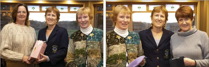  ??  ?? Pat Purcell, lady Captain of New Ross Golf Club, with two prize-winners in a club-sponsored competitio­n held before all golf activity was halted: Mary Therese Wall (winner, left) and Eileen Wallace (third, right).
The winter league presentati­on in New Ross Golf Club earlier this month (from left): Eileen Wallace from the ‘Pretty Putters’ (second), Pat Purcell (lady Captain), Teenie Murphy from the ‘Grippers’ (winners).