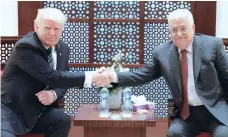  ?? — Reuters ?? US President Donald Trump and Palestinia­n President Mahmoud Abbas at the Presidenti­al Palace in the West Bank city of Bethlehem.