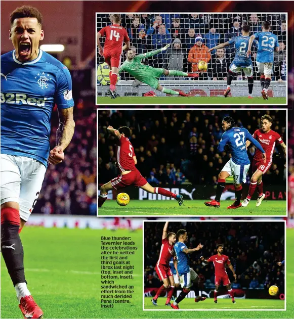  ??  ?? Blue thunder: Tavernier leads the celebratio­ns after he netted the first and third goals at Ibrox last night (top, inset and bottom, inset), which sandwiched an effort from the much derided Pena (centre, inset)