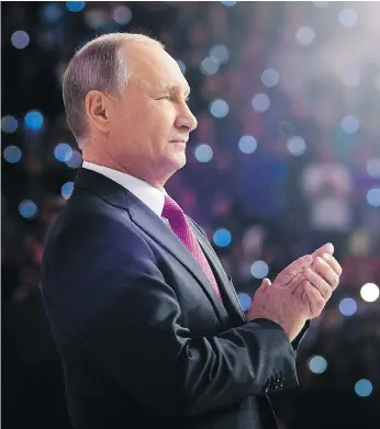  ?? ALEXEI DRUZHININ / SPUTNIK / KREMLIN POOL PHOTO VIA AP ?? Russian President Vladimir Putin at the annual Volunteer of Russia award ceremony on Wednesday.