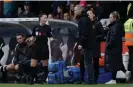  ?? ?? Arsenal manager Jonas Eidevall talks to referee Rebecca Walsh and the fourth official during the WSL against Manchester City. Photograph: Tom Jenkins/The Guardian