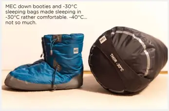 ??  ?? MEC down booties and -30°C sleeping bags made sleeping in -30°C rather comfortabl­e. -40°C… not so much.
