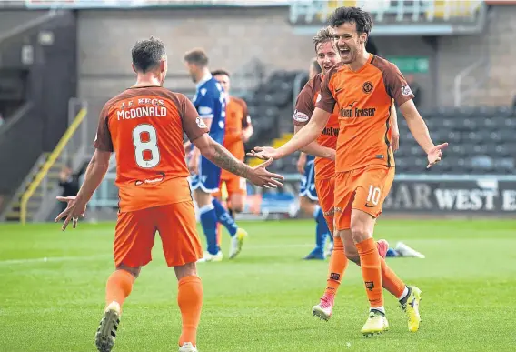  ??  ?? Scott Fraser (right) scored the winner for United in their 2-1 league win over Queen of the South on Saturday as they face Brechin tomorrow.