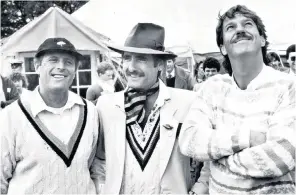  ??  ?? Hudson, centre, with Geoffrey Boycott and Ian Botham at a 1984 benefit match at his Cheshire cricket ground, the ‘Birtles Bowl’, and, below, outside the pavilion