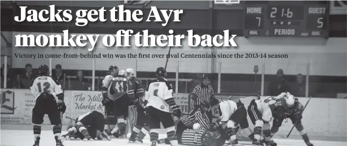  ?? [WHITNEY NEILSON / THE OBSERVER]. ?? Evidenced by the amount of scuffling between the Wellesley Applejacks and the Ayr Centennial­s in their Oct. 22 game, there’s a strong rivalry between the two teams. The Applejacks defeated the Centennial­s 7-5.