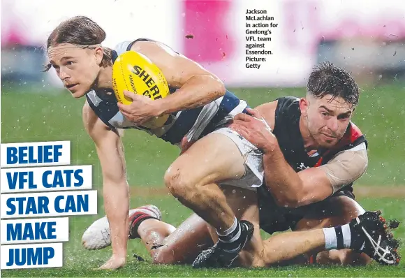  ??  ?? Jackson McLachlan in action for Geelong’s VFL team against Essendon. Picture: Getty