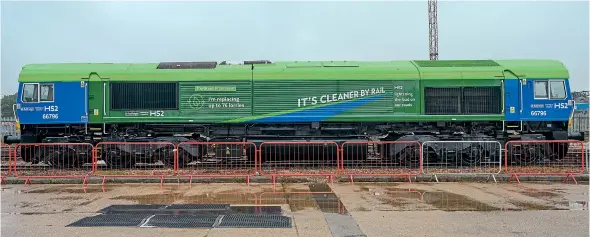  ?? HS2 ?? On September 14, a teenage rail fan named GB Railfreigh­t Class 66 No. 66796 The Green Progressor at the Willesden logistics hub, before the loco moved away to reveal a shunter named after him (see Shunters, page 35). The Class 66 was moved to Longport by classmate No. 66764 the following day.