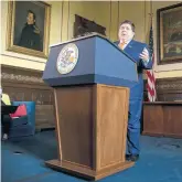  ?? FOWLER/THE STATE JOURNAL-REGISTER JUSTIN L. ?? Gov. J.B. Pritzker talks about the budget passed by the lawmakers during a news conference in his office at the Illinois State Capitol in Springfiel­d on Tuesday.