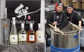  ?? BILL BLAIR/Special to The Herald ?? Kizuna Sake’s lineup of premium sakes with sake master Yoshi Kasugai and Tatsuo Kan of Kizuna Sake in Penticton.