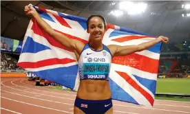  ??  ?? Katarina Johnson-Thompson celebrates after storming clear in the 800m to seal heptathlon gold at the world championsh­ips in Doha.. Photograph: Martin Rickett/PA
