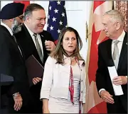  ?? AP/MANUEL BALCE CENETA ?? Canadian Defense Minister Harjit Sajjan (from left), Secretary of State Mike Pompeo, Canadian Foreign Affairs Minister Chrystia Freeland and Defense Secretary James Mattis conclude their news conference Friday in Washington.