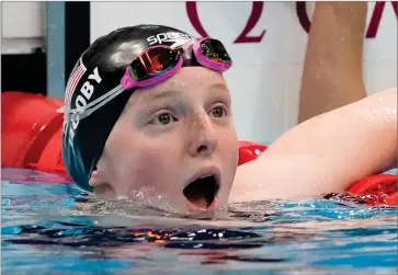  ?? ASSOCIATED PRESS ?? Lydia Jacoby, of the United States, reacts after winning the final of the women’s 100-meter breaststro­ke at the 2020 Summer Olympics, Tuesday, July 27, 2021, in Tokyo, Japan.