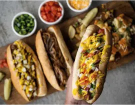  ?? ?? Below: Selection of hotdogs at Biker Jim’s Gourmet Dogs