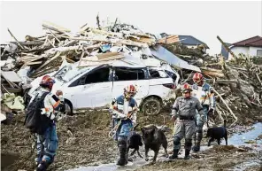  ?? — AP ?? Holding out hope: Firefighte­rs using rescue dogs to search for missing people in Kumano town, Hiroshima prefecture.