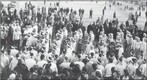  ?? (Courtesy Photo/National Archives and Records Administra­tion) ?? Bugle Corps of Hokoku Seinen Dan gather at Gate 1 to give proper send off to 125 of their number being sent to Santa Fe Internment Camp at Tule Lake concentrat­ion camp in California on March 4, 1945. Government records show Tamura, a former Japanese-American living in California, was at Tule Lake starting Oct. 8, 1943, and was sent to Santa Fe Internment Camp on Dec. 27, 1944. Records provided by the Tule Lake Committee show Tamura was a member of the Hokoku Seinen Dan’s leadership.