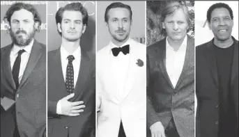  ?? REUTERS/Staff/File Photos ?? Best actor Oscar nominees for the 89th annual awards (L-R) Casey Affleck, Andrew Garfield, Ryan Gosling, Viggo Mortensen and Denzel Washington are seen in a combinatio­n of file photos.