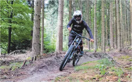  ?? FOTOS: MICHAEL HÄUSSLER ?? Im Ellwanger Galgenwald entsteht seit Ende 2016 eine Rennstreck­e für Mountainbi­ker. Ende des Jahres soll sie fertiggest­ellt sein.