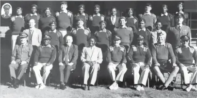  ??  ?? BACK ROW: Offr K Ridzai; Offr GV Makombe; Offr C Gaza; Offr MA Hudson; Offr G Kachana; Offr T Ngwenya; Mr JJ Chitauro; Offr T Matswa; Maj RA Boys; Offr S Sibanda; Offr E Malikongwa CENTRE: R Harvey; Offr JZ Dube; Lt Col RL Stannard; Brig T Nleya; Lt...