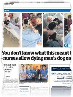  ?? Pictures: Mhairi Edwards. ?? Top: Shep alongside mourners at the funeral of his owner, Peter Robson, at Birkhill Cemetery, and, above, how the story appeared in The Courier.