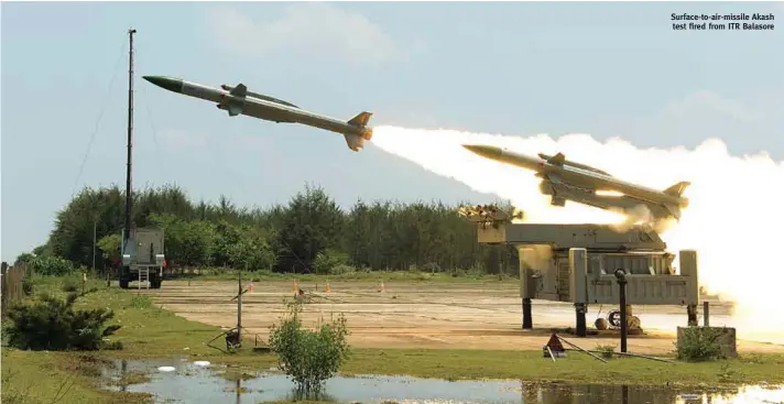  ??  ?? Surface-to-air-missile Akash test fired from ITR Balasore