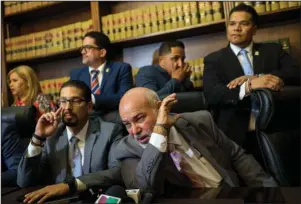  ?? The Associated Press ?? POLITICAL CHAOS: House leader Carlos Mendez Nunez speaks during a press conference regarding the nomination process for the next secretary of state Thursday in San Juan, Puerto Rico. Puerto Rican politics were in full-blown crisis Thursday as confirmati­on of the nominee to succeed departing Gov. Ricardo Rossello was delayed into next week, casting doubt over who will become governor when Rossello leaves office today.