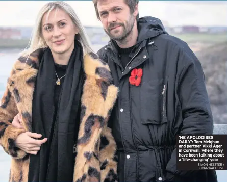  ?? SIMON HEESTER / CORNWALL LIVE ?? ‘HE APOLOGISES DAILY’: Tom Meighan and partner Vikki Ager in Cornwall, where they have been talking about a ‘life-changing’ year