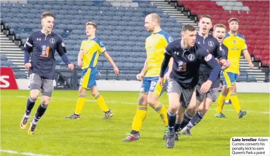  ??  ?? Late leveller Adam Cumins converts his penalty kick to earn Queen’s Park a point