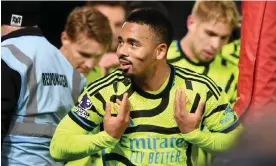  ?? Photograph: Stuart MacFarlane/Arsenal FC/Getty Images ?? Gabriel Jesus celebrates after giving Arsenal the lead in their win at Nottingham Forest.