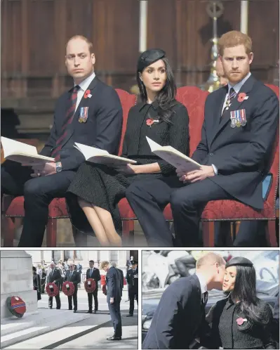  ?? PICTURES: PA WIRE. ?? EMOTIONAL DAY: Above, Prince William, Meghan Markle and Prince Harry in Westminste­r Abbey to commemorat­e Anzac Day; left, Prince Harry attends a wreath-laying ceremony and parade at the Cenotaph in Whitehall; right, the Duke of Cambridge greets Meghan...