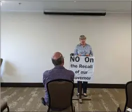  ?? PHOTOS BY JENNIE BLEVINS — ENTERPRISE-RECORD ?? Ann Schwab speaks at Democrat news conference Wednesday at the Oxford Suites in Chico.