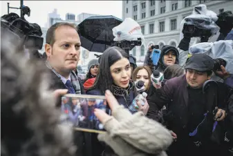  ?? Stephen Speranza / New York Times 2019 ?? Emma Coronel Aispuro, wife of the Mexican crime lord known as El Chapo, is surrounded by reporters outside a Brooklyn courthouse in 2019, after he was found guilty of all charges.