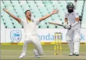  ?? AP ?? Australia pacer Josh Hazlewood appeals successful­ly for a leg before decision against South Africa's Hashim Amla Sunday.