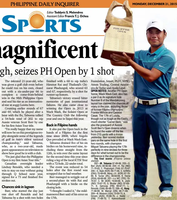  ??  ?? MIGUEL Tabuena raises his PH Open trophy after a final-round 66.