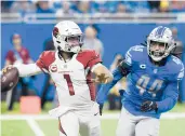  ?? JOSE JUAREZ/AP ?? Jalen Reeves-maybin chases after Cardinals QB Kyler Murray during the Lions’ 30-12 upset victory Sunday.