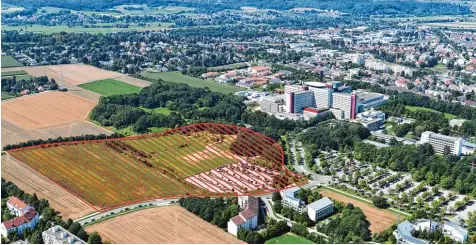  ?? Foto: Ulrich Wagner ?? Die rot schraffier­te Fläche auf dem Luftbild zeigt den Umfang des künftigen Medizin Campus am Klinikum. Die Grafik unten zeigt, wie die Fläche gemäß dem Siegerentw­urf eines Architekte­nwettbewer­bs aufgeteilt werden könnte.