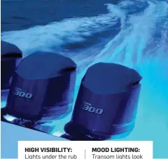  ??  ?? HIGH VISIBILITY: Lights under the rub rail help you be seen more easily after dark, top. MOOD LIGHTING: Transom lights look spiffy, attract bait, and add a measure of safety, above.