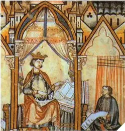  ??  ?? El prólogo del Códice Rico de las Cantigas de Santa María muestra a Alfonso X el Sabio en una de sus poses más habituales. En la otra página, el manuscrito del Fuero Real de España, otorgado por el rey en 1255 a los vecinos de Aguilar de Campoo.