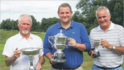  ??  ?? From left, Canterbury Golf Club’s Rogerson Cup winner Kevin Elliott, Pilgrims Cup champion Liam Kirkham and Redford Trophy winner Brian Whybrow