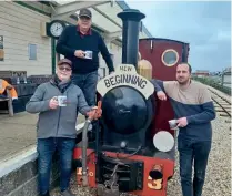  ?? HAYLING LIGHT RAILWAY TRUST ?? The directors of the new Hayling Light Railway Trust, Cliff Robinson, Chris Martin and Malcolm Harris, toast the new venture at Eastoke station – with a cup of railway tea!