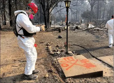  ?? AP/SUDHIN THANAWALA ?? A volunteer member of an El Dorado County, Calif., search and rescue team takes a photo Sunday of the spray-painted symbols that show no human remains were found in the ruins of a home at that location in Paradise, Calif., destroyed by a wildfire.